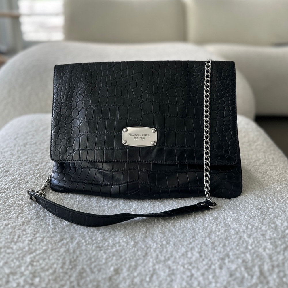 Vintage Michael Kors Black Crocodile Embossed Shoulder Bag